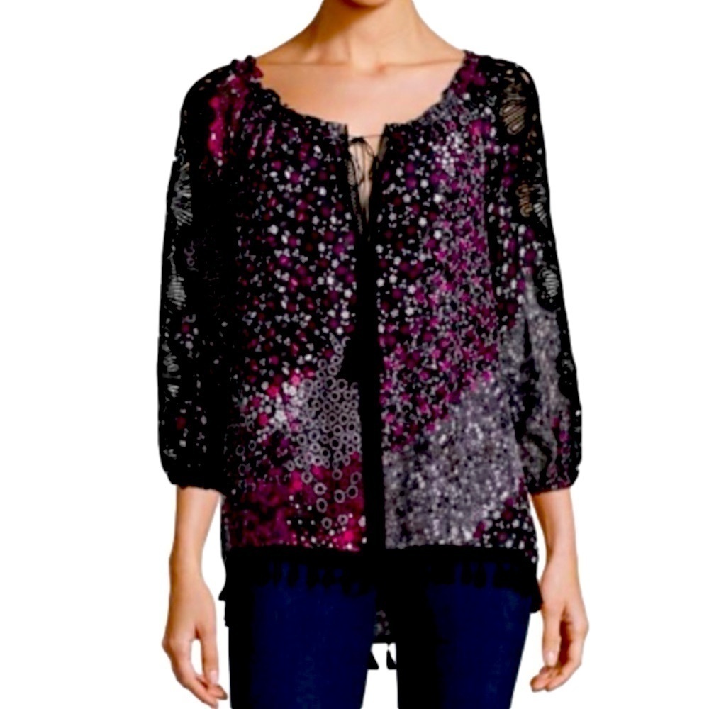 Elie Tahari Tayla 3/4-Sleeve Silk-blend Blouse w/ Tassels, Size Small, NWOT